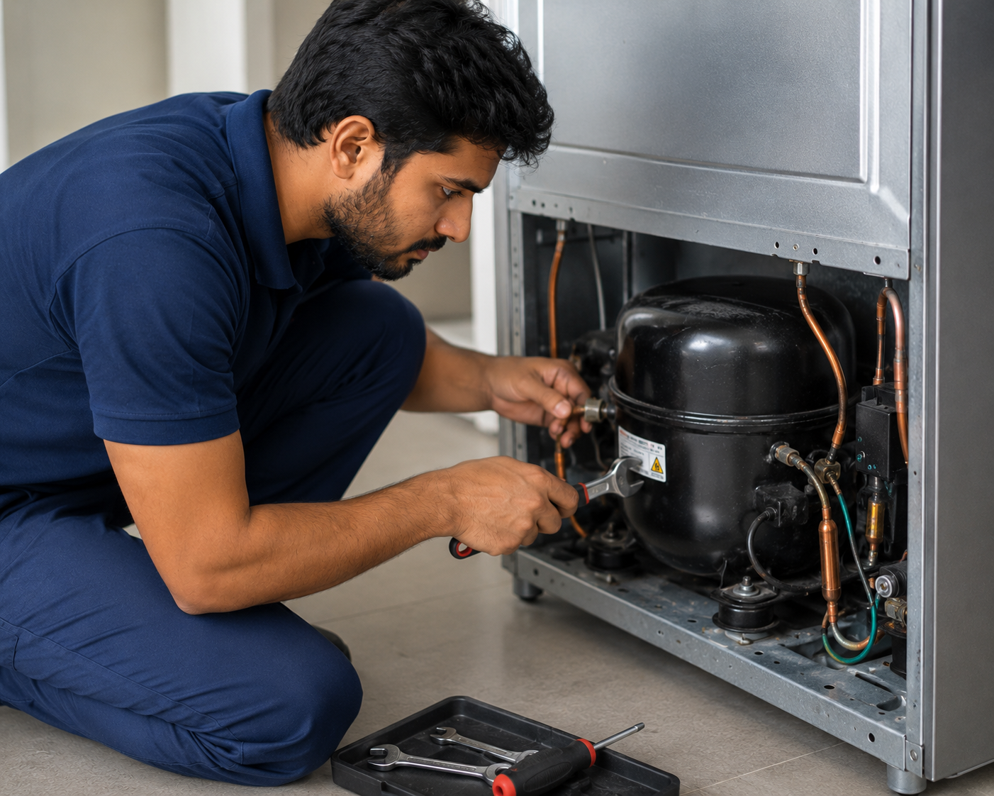Technician repairing refrigerator compressor